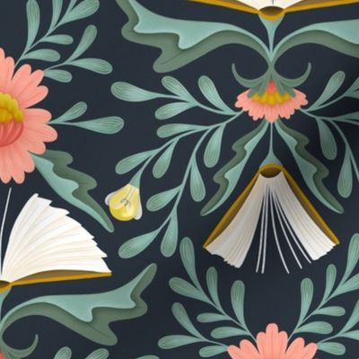 (M) Books disguised as flowers, maximalist folk art book, library, pink teal midnight blue