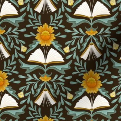 (S) Books disguised as flowers, maximalist folk art book, library, orange teal dark green