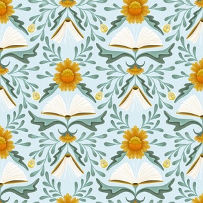 (M) Books disguised as flowers, maximalist folk art book, library, orange teal sea glass blue