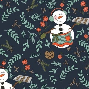 Baking Spirits Bright, Chalkboard Black Background, Dark Gray Background, Girl Snowman, Cookies and Flowers, Holiday Fabric, Christmas Decor, Christmas Fabric, Snow woman, Hand Drawn Snowman, Holiday themed home decor and fabric, Apron and Earmuffs, Whims