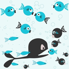 (L) Cute Fish and Whale Underwater Nautical black and blue coloured