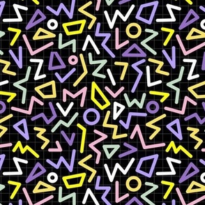 Retro Vibes - Nineties neon memphis style abstract geometric shapes design lilac yellow mint pink on black