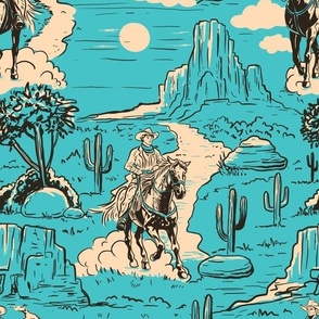 vintage retro western cowboy toile , western wallpaper blue large scale