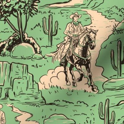 western toile vintage retro western cowboy toile , western wallpaper green large scale