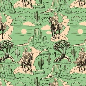 vintage retro western cowboy toile , western wallpaper green medium scale