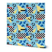 Retro Vibes - Nineties neon memphis style - abstract racer check pop tv music theme plaid triangles and geometric shapes  retro pop culture black and white yellow red blue