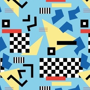 Retro Vibes - Nineties neon memphis style - abstract racer check pop tv music theme plaid triangles and geometric shapes  retro pop culture black and white yellow red blue