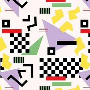 Retro Vibes - Nineties neon memphis style - abstract racer check pop tv music theme plaid triangles and geometric shapes  retro pop culture black and white lilac yellow green red on ivory