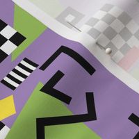 Retro Vibes - Nineties neon memphis style - abstract racer check pop tv music theme plaid triangles and geometric shapes  retro pop culture black and white yellow green red on lilac purple