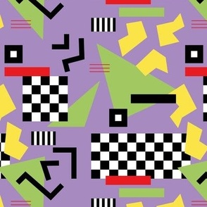 Retro Vibes - Nineties neon memphis style - abstract racer check pop tv music theme plaid triangles and geometric shapes  retro pop culture black and white yellow green red on lilac purple