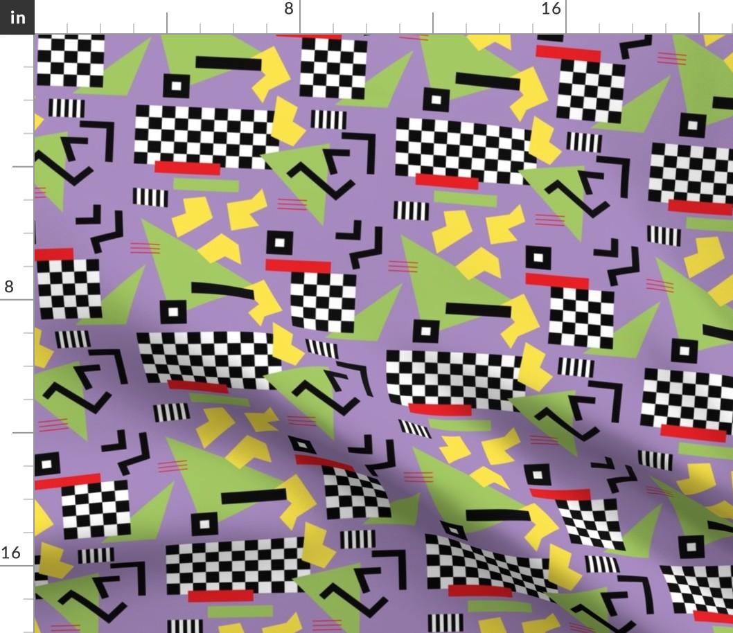 Retro Vibes - Nineties neon memphis style - abstract racer check pop tv music theme plaid triangles and geometric shapes  retro pop culture black and white yellow green red on lilac purple