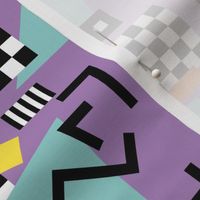 Retro Vibes - Nineties neon memphis style - abstract racer check pop tv music theme plaid triangles and geometric shapes  retro pop culture black and white yellow orange aqua on lilac purple