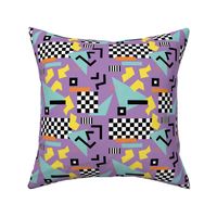 Retro Vibes - Nineties neon memphis style - abstract racer check pop tv music theme plaid triangles and geometric shapes  retro pop culture black and white yellow orange aqua on lilac purple