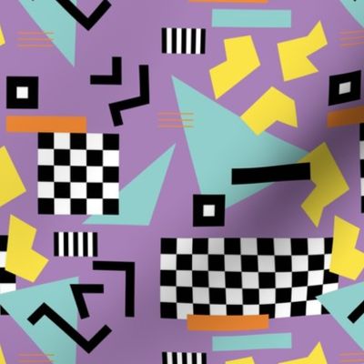 Retro Vibes - Nineties neon memphis style - abstract racer check pop tv music theme plaid triangles and geometric shapes  retro pop culture black and white yellow orange aqua on lilac purple