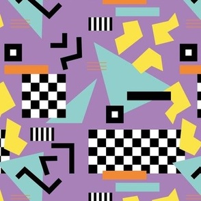 Retro Vibes - Nineties neon memphis style - abstract racer check pop tv music theme plaid triangles and geometric shapes  retro pop culture black and white yellow orange aqua on lilac purple