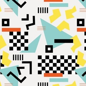 Retro Vibes - Nineties neon memphis style - abstract racer check pop tv music theme plaid triangles and geometric shapes  retro pop culture black and white yellow aqua orange on ivory