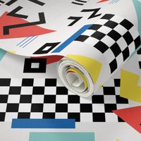 Retro Vibes - Nineties neon memphis style - abstract racer check pop tv music theme plaid triangles and geometric shapes  retro pop culture black and white yellow red blue on ivory