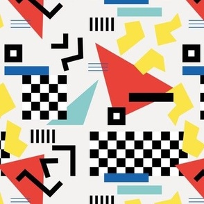 Retro Vibes - Nineties neon memphis style - abstract racer check pop tv music theme plaid triangles and geometric shapes  retro pop culture black and white yellow red blue on ivory