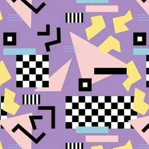 Retro Vibes - Nineties neon memphis style - abstract racer check pop tv music theme plaid triangles and geometric shapes  retro pop culture black and white mint yellow pink on lilac purple