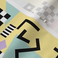 Retro Vibes - Nineties neon memphis style - abstract racer check pop tv music theme plaid triangles and geometric shapes  retro pop culture black and white pastel mint pink lilac on yellow