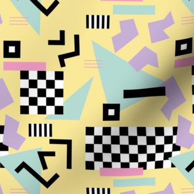 Retro Vibes - Nineties neon memphis style - abstract racer check pop tv music theme plaid triangles and geometric shapes  retro pop culture black and white pastel mint pink lilac on yellow