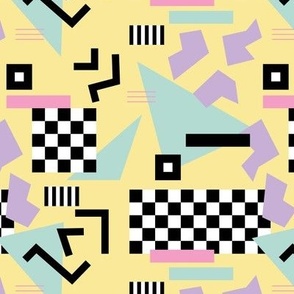 Retro Vibes - Nineties neon memphis style - abstract racer check pop tv music theme plaid triangles and geometric shapes  retro pop culture black and white pastel mint pink lilac on yellow