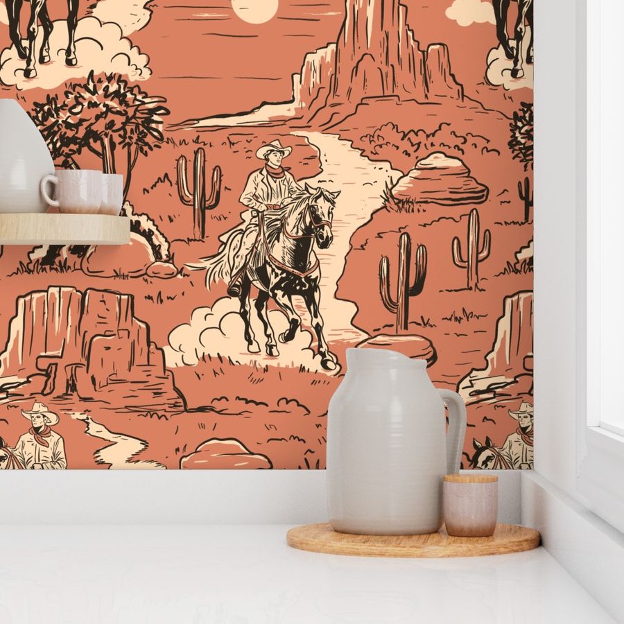 western toile vintage retro western Wallpaper | Spoonflower