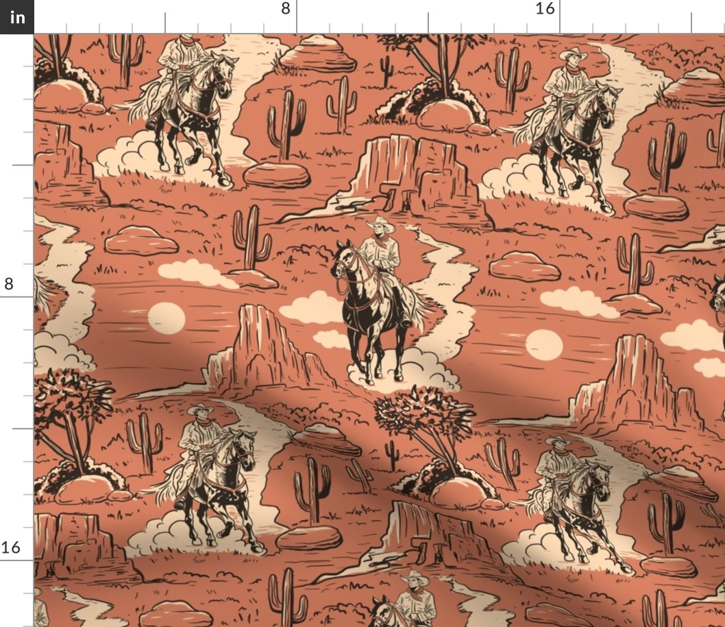 western toile vintage retro western cowboy toile , western wallpaper rust red large scale