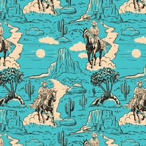 vintage retro western cowboy toile , western wallpaper blue medium scale