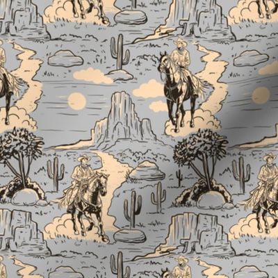 vintage retro western cowboy toile , western wallpaper gray medium scale