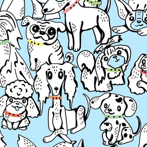 Large Handdrawn cute little dogs on light blue background