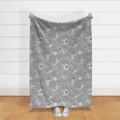 Astronauts in outer space light gray - cosmonauts exploring galaxies and planets - large scale for bedding and curtains