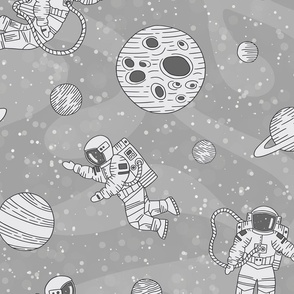 Astronauts in outer space light gray - cosmonauts exploring galaxies and planets - large scale for bedding and curtains