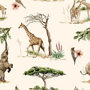 Savanna Serenade Watercolor Safari  Giraffe Elephant