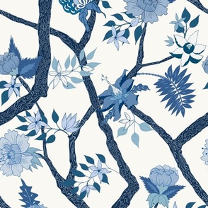 Smaller Scale Peony Branch Mural Blues on Cream