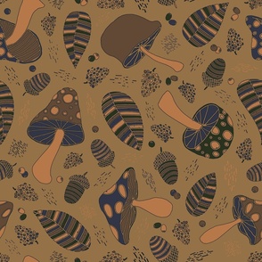 Autumnal fruits and mushrooms and berries night pattern