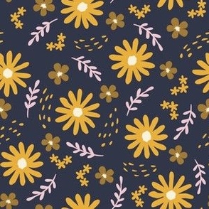Mustard yellow daisy flowers on midnight blue, small scale, ditsy