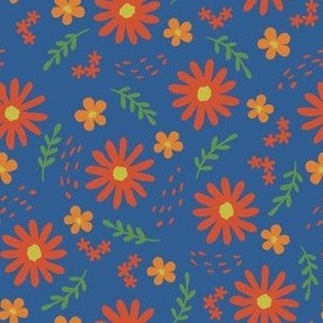 Red daisy flowers on denim blue, small scale, ditsy 