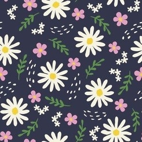  Cream white daisy flowers on midnight blue, small scale, ditsy