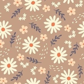   Cream white daisy flowers on sand brown, small scale, ditsy