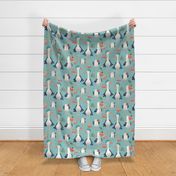 Whimsical Birds on Coastal Water with Starfish and Crab on Opal Green Children's Non Gender Bedding Jumbo