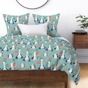 Whimsical Birds on Coastal Water with Starfish and Crab on Opal Green Children's Non Gender Bedding Jumbo