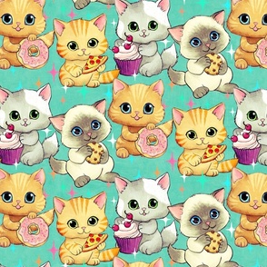 Cute Retro Kittens with Cupcakes, Cookies and More - medium, teal