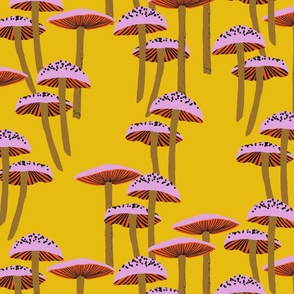 Mushroom Forest  Yellow Orange Pink Autumn Shrooms Large Scale