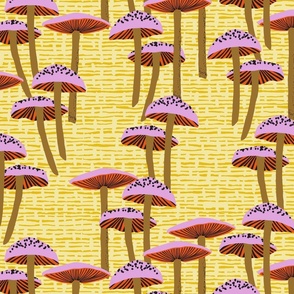 Mushroom Forest Grasscloth Pink Yellow Orange Autumn Shrooms Large Scale