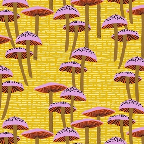 Mushroom Forest Grasscloth Yellow Orange Pink Autumn Shrooms Large Scale