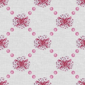Pink Polka Dots and Bows - Diamonds, Rhombuses - Watercolor Hand Drawn - Linen Texture - Trending Color - Pink