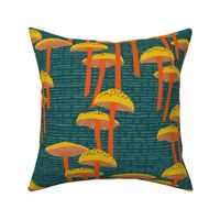 Mushroom Forest Grasscloth Teal Green Yellow Orange Autumn Shrooms Large Scale