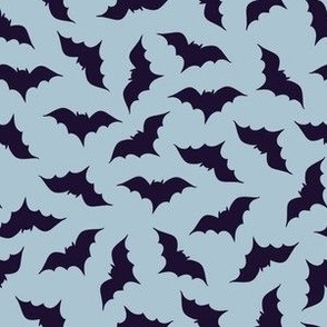 Cute dark purple bats on blue, small scale, great for kids apparel, green tones Halloween
