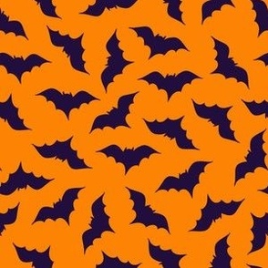 Cute black bats on orange, small scale, great for kids apparel, classic Halloween colors